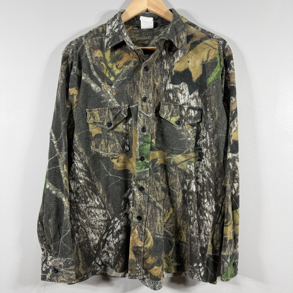 RedHead Vintage Camouflage Mesh Cotton Button Up Shirt Green Large
